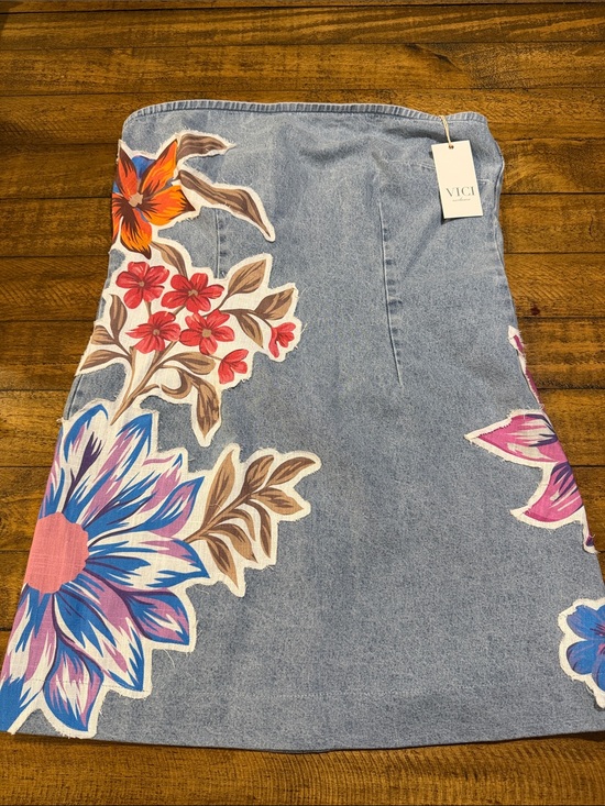 Vici Dresses & Skirts - VICI Blue Denim Skirt with Multicolor Floral Appliqués